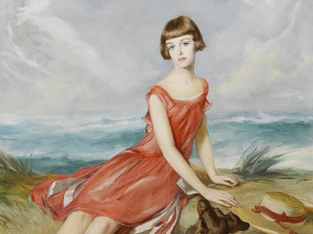 Adolf Pirsch Portrait of a young girl with her dog by the sea